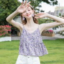トップス レディース キャミソール タンクトップ ノースリーブ 花柄 プリーツ フリル ショート丈 ゆったり フレンチ 風 インナー ポリエステル 春夏