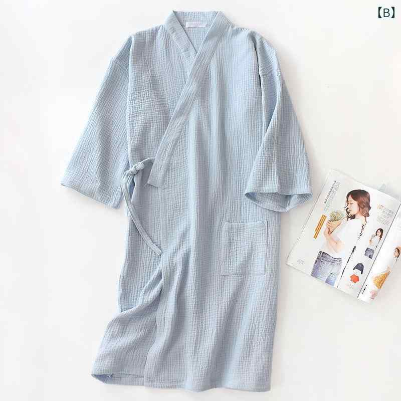 ルームウェア カップル ペア 和風 ガウン 綿 ガーゼ クレープ生地 薄手 無地 シンプル バスローブ 寝巻き パジャマ ミドル丈 春夏