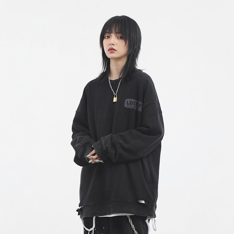 樂天商城 - スウェット トレーナー メンズ ダーク系 ストリート オーバーサイズ ウォッシュドブラック 無地 クルーネック ドロップショルダー ダメージ加工 ゆったり 春秋