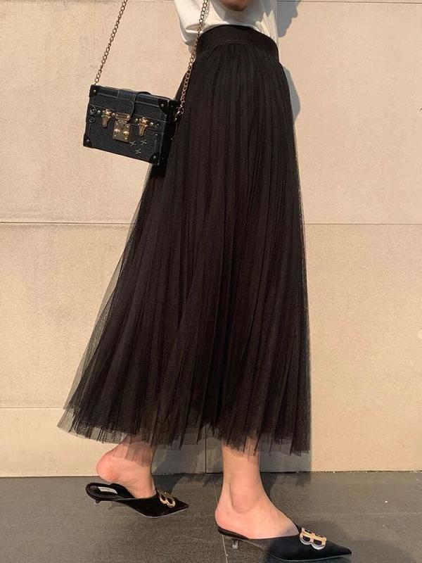 スカート ブラック メッシュ スカート レディース スカート 春秋 ハイウエスト ミドル丈 3層 ガーゼ プリーツ スカート 春秋 スカート