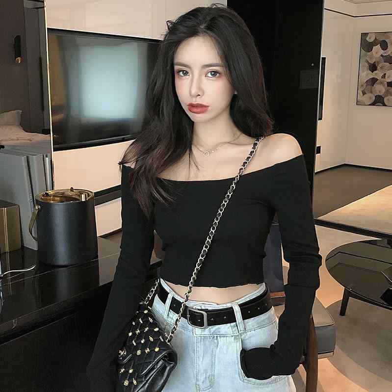 Other - Tシャツ レディース 秋 オフショルダー 長袖 クロップド丈 スリムフィット セクシー 無地 インナー トップス 通勤 普段使い ブルー ブラック ピンク系