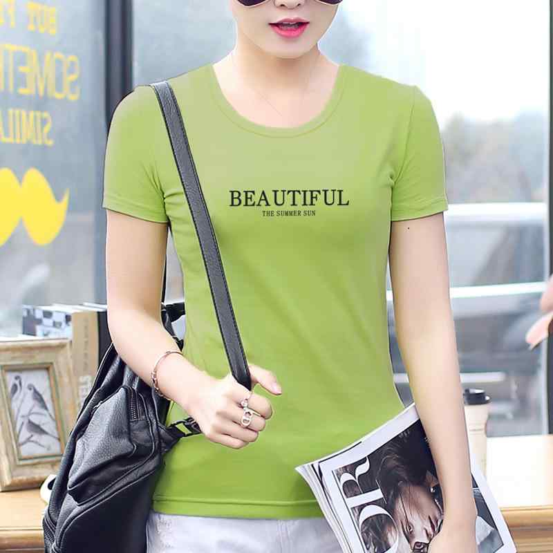 Print - トップス レディース 半袖 Tシャツ 韓国風 綿混紡 スパンデックス 伸縮性 スリムフィット ラウンドネック 英字ロゴ シンプル ベーシック 着回し 夏 ホワイト