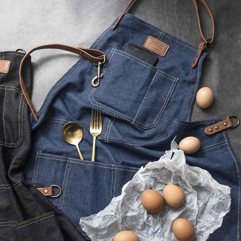 エプロン 男女兼用 デニム ワークエプロン 韓国風 おしゃれ カフェ レストラン バリスタ ネイルサロン 美容師 シンプル 防汚 綿