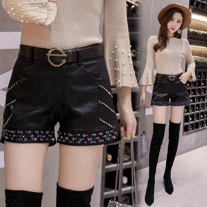 ショートパンツ レディース PUレザー 合皮 ハイウエスト ワイド スタッズ スパンコール 秋冬 スタイル..
