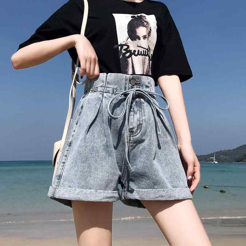 ショートパンツ レディース 春夏 ハイウエスト ルーズ デニム ワイド Aライン 細見え 着痩せ スタイルアップ 万能 コーデしやすい ウォッシュ加工 綿 コットン ライトブルー グレー カジュアル