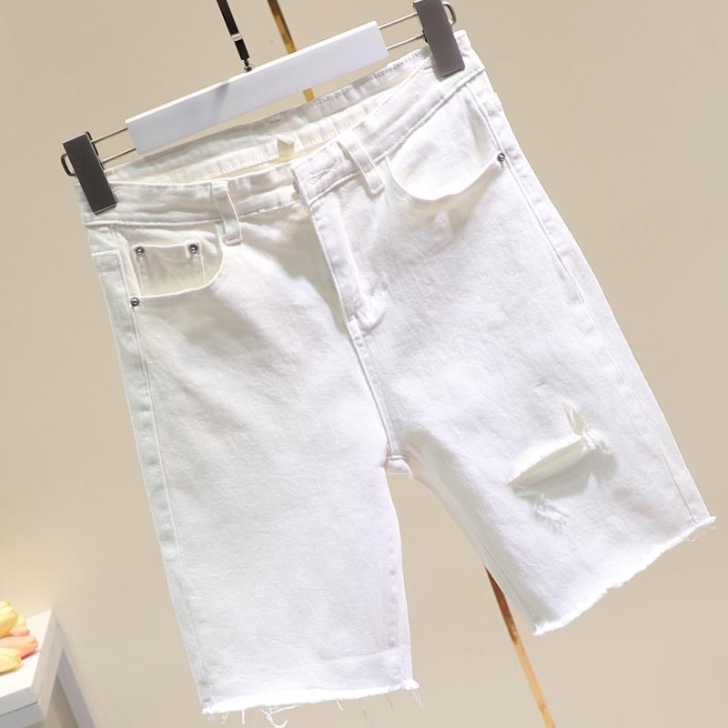 デニムパンツ ジーンズ レディース 5分丈 ハーフパンツ スリムフィット ストレート ダメージ加工 ストレッチ ハイウエスト サイクリング 春夏 ホワイト ブラック ブルー