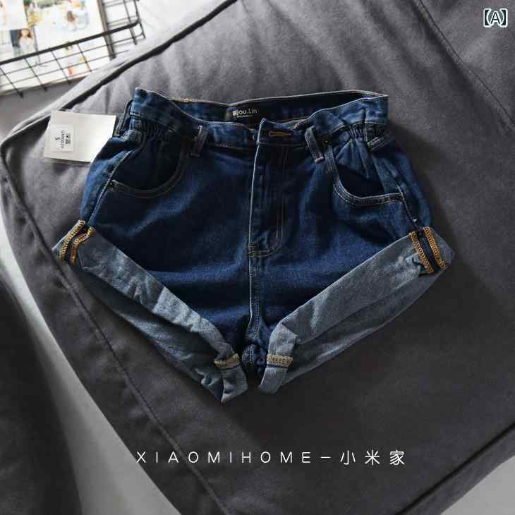 フロントップ楽天市場店のショートパンツ レディース デニム ハイウエスト ワイド Aライン ロールアップ ペーパーバッグウエスト 美脚効果 体型カバー ゆったり カジュアル 普段使い 春夏 ブラック ネイビー｜アングル2