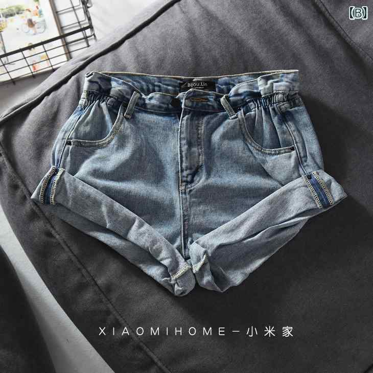 フロントップ楽天市場店のショートパンツ レディース デニム ハイウエスト ワイド Aライン ロールアップ ペーパーバッグウエスト 美脚効果 体型カバー ゆったり カジュアル 普段使い 春夏 ブラック ネイビー｜アングル3