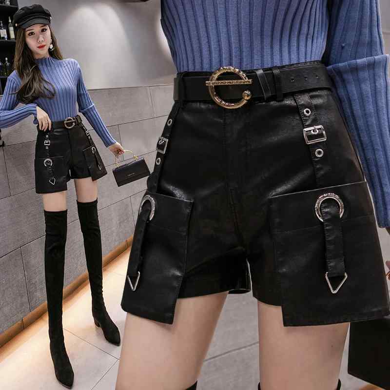 ショートパンツ レディース PUレザー ハイウエスト ワイド 細見え 脚長効果 キュロット 秋冬 韓国 通勤 オフィス デイリー 着回し ブラック