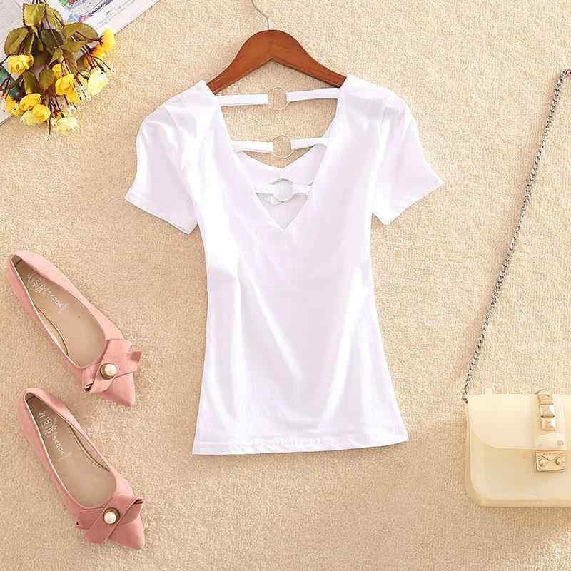 Tシャツ レディース Vネック 半袖 タイトフィット スリムフィット カットアウト オープンバック ショート丈 着痩せ 韓国 普段使い 個性的 ブラック ホワイト 春夏