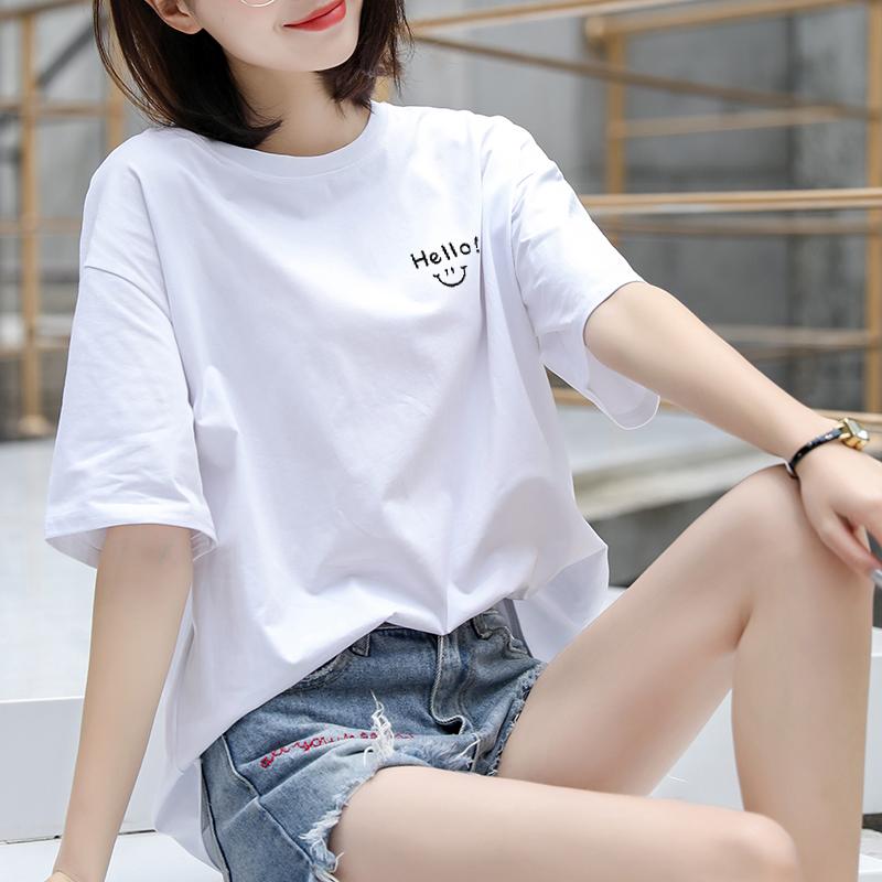 Print - Tシャツ レディース ホワイト 綿 半袖 ゆったり オーバーサイズ ラウンドネック チュニック丈 大きいサイズ 体型カバー カジュアル デイリー 春夏