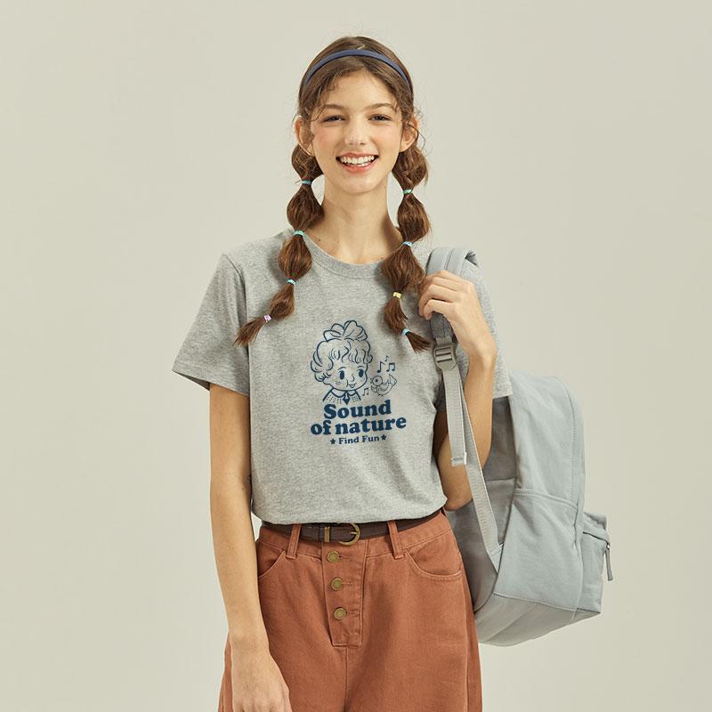 Tシャツ レディース 半袖 トップス 綿 カートゥーン柄 プリント ゆったり オーバーサイズ 小柄 低身長さん クルーネック グレー 春夏 カジュアル デイリー