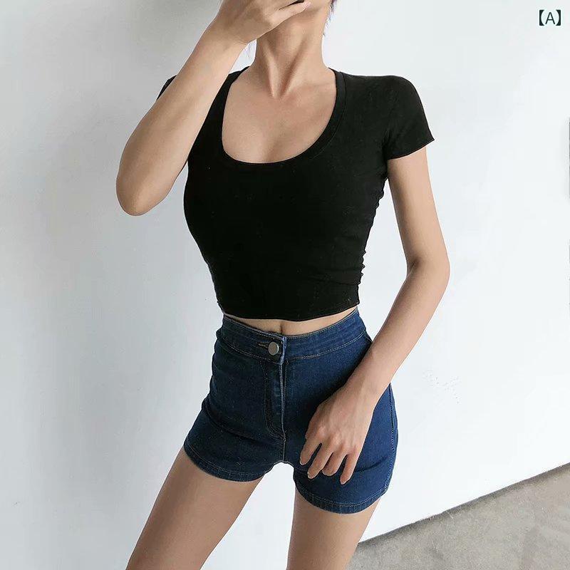 Tシャツ レディース 女性用 深Uネック 半袖 ショート丈 クロップド丈 タイト フィット 伸縮性 接触冷感 カジュアル 春夏 トップス