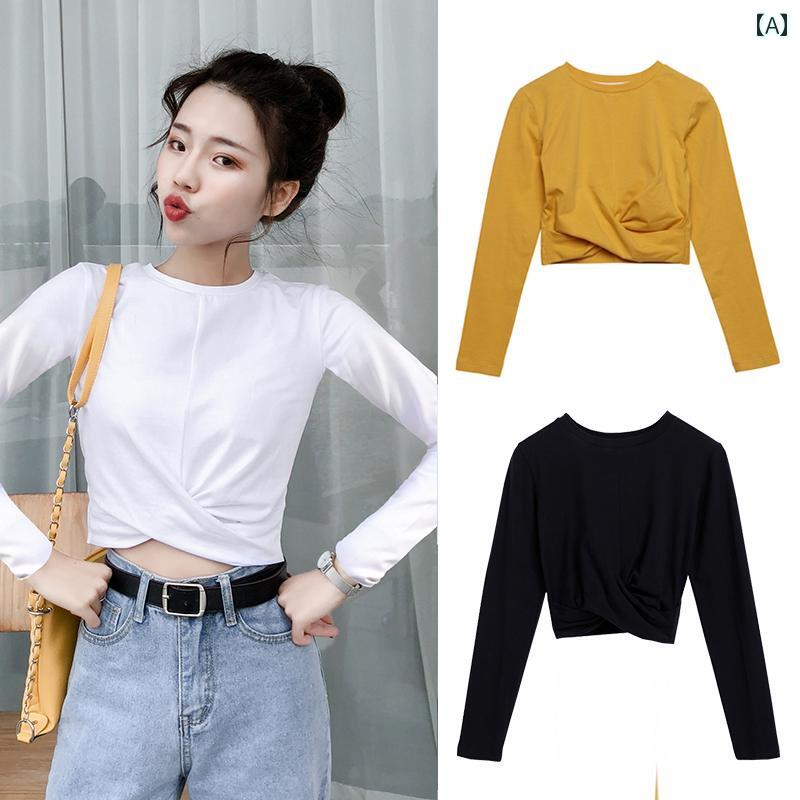 Tシャツ レディース 長袖 ショート丈 ハイウエスト へそ出し 無地 スリムフィット インナー カットソー トップス 秋 綿 クルーネック ホワイト 普段使い 2