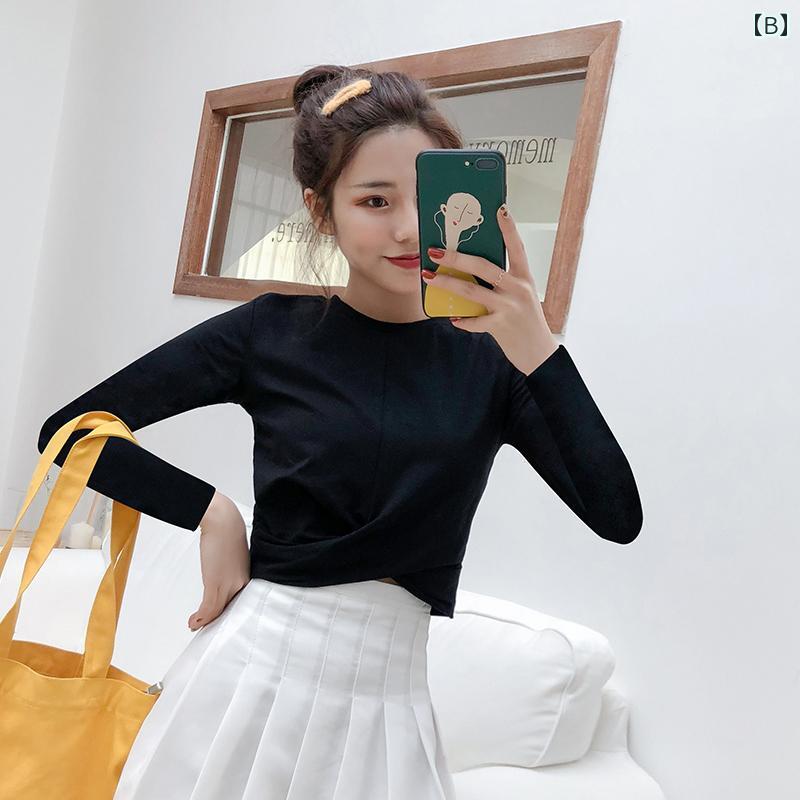 Tシャツ レディース 長袖 ショート丈 ハイウエスト へそ出し 無地 スリムフィット インナー カットソー トップス 秋 綿 クルーネック ホワイト 普段使い 3
