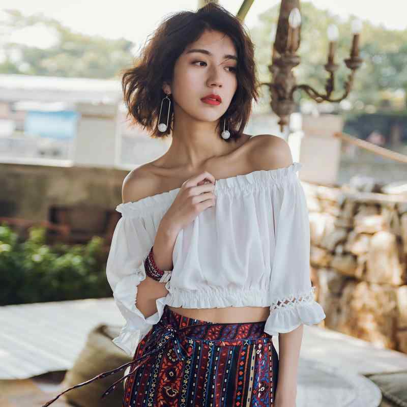 Other - トップス レディース オフショルダー ベルスリーブ 七分袖 Tシャツ ショート丈 クロップド丈 ホワイト ポリエステル ビーチ リゾート ボヘミアン 春夏