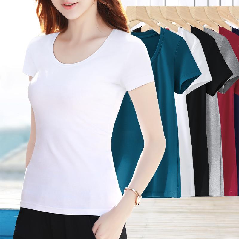 乐天商城 - Tシャツ レディース 半袖 コットン トップス クルーネック スリムフィット 伸縮性 着回し インナー 普段使い 吸湿速乾 白 黒 サマー