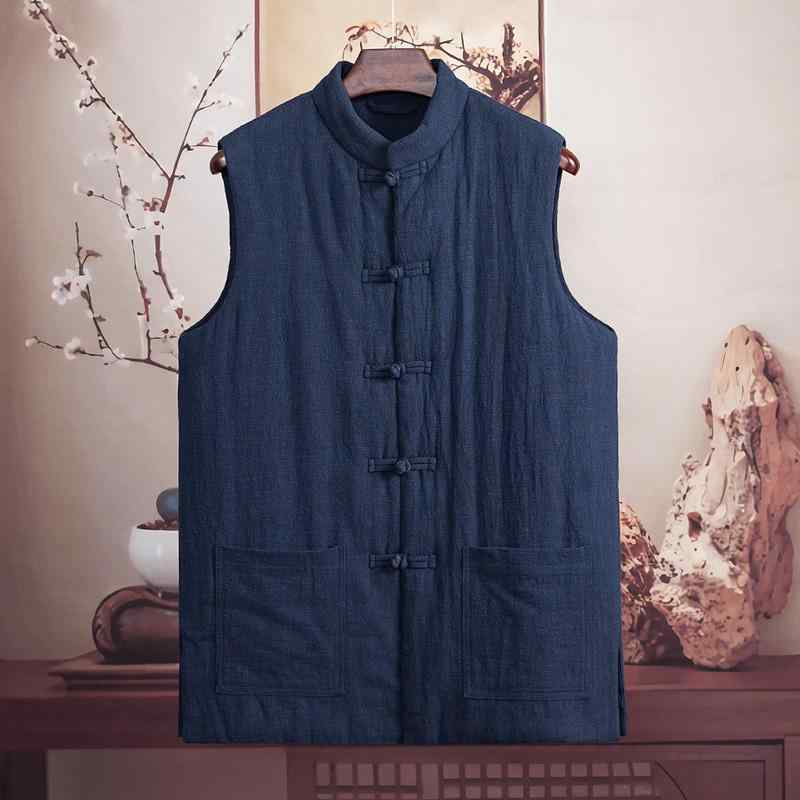 ベスト メンズ 男性用 中国風 チャイナ風 唐装 中国風 中綿 厚手 暖かい 防寒 綿麻 スタンドカラー ス..