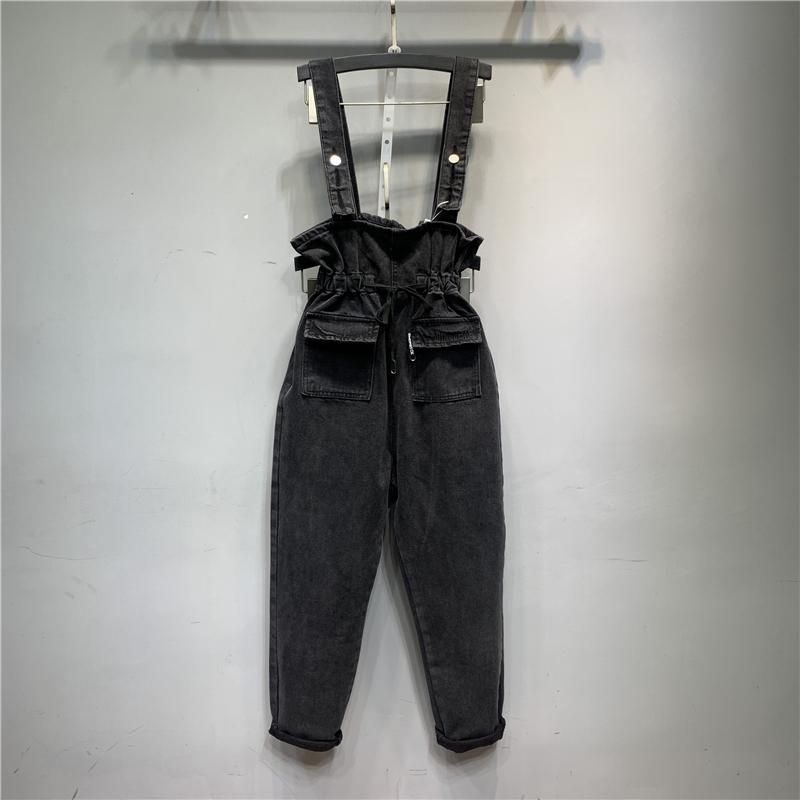 デニム サロペット レディース 春秋 韓国風 ゆったり ハイウエスト ペーパーバッグ 九分丈 黒 ウォッシ..