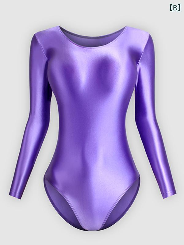 レオタード レディース おしゃれ 長袖 セクシー タイト 光沢 高めカット ハイレグ ラウンドネック ヨガ ダンス 練習着