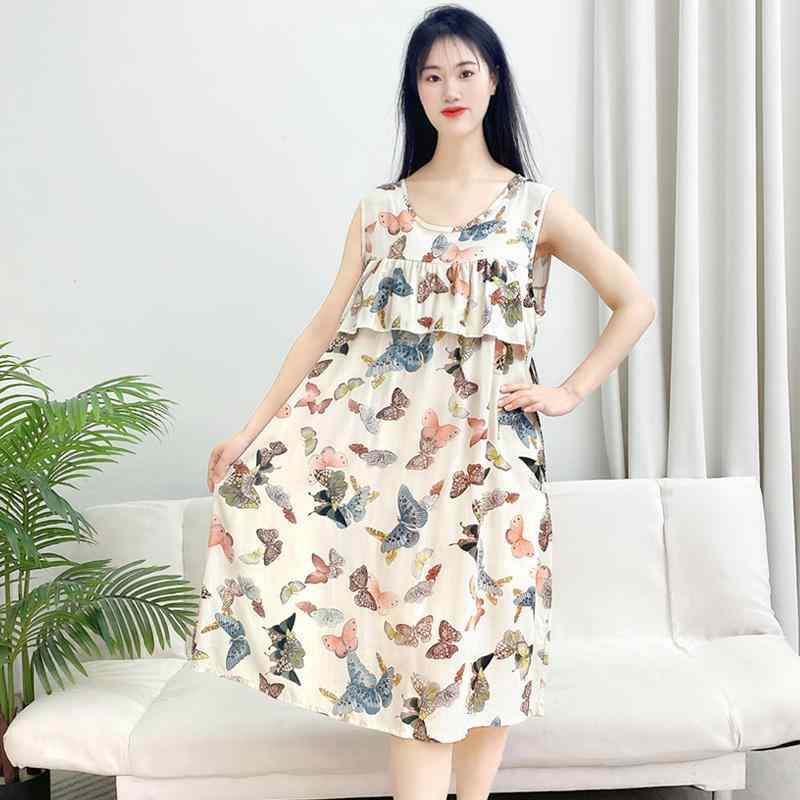 ワンピース レディース おしゃれ 快適 大きいサイズ 綿 混 ノースリーブ ロング 春夏 蝶柄 ルームウェア 体型カバー 家着 着やせ 部屋着
