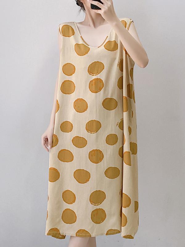 ワンピース レディース おしゃれ 快適 綿 ノースリーブ リラックス 春秋 夏 フレンチ風 大きめドット柄..