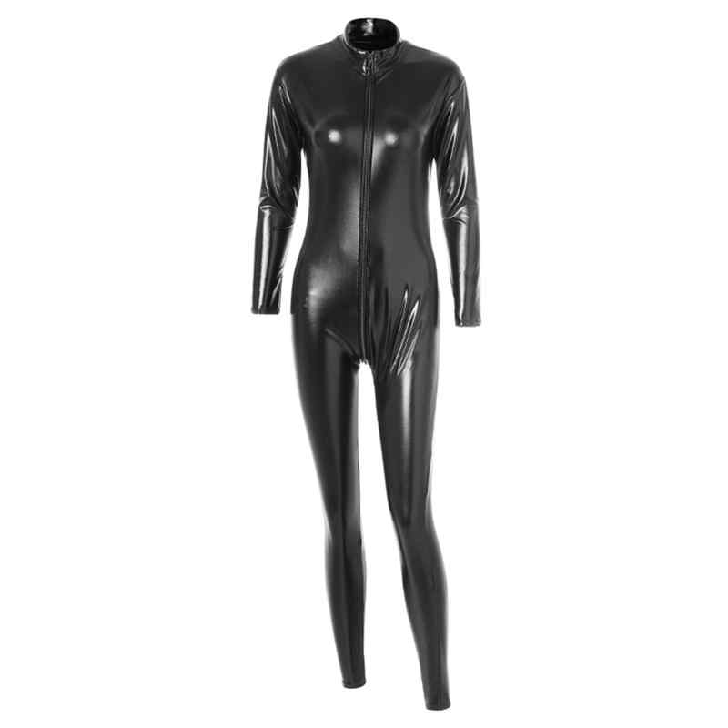 ボディースーツ メンズ レディース おしゃれ ブラック 長袖 ダブルジッパー タイト フィット シェイプアップ PU ライト薄手