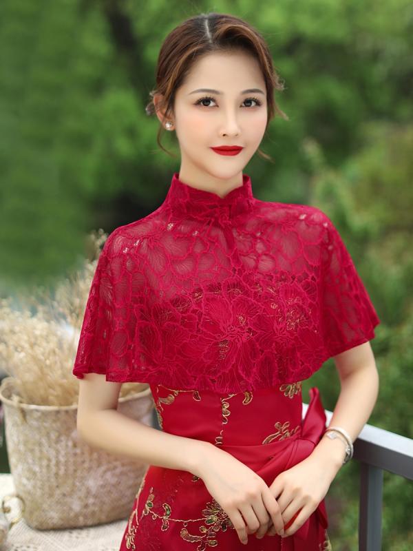 ケープ レディース おしゃれ 薄手 レース 夏 チャイナ風 スタンドカラー 日焼け防止 ワンピース合わせ ショール チャイナ風羽織り 披露宴 フォーマル(4.0)