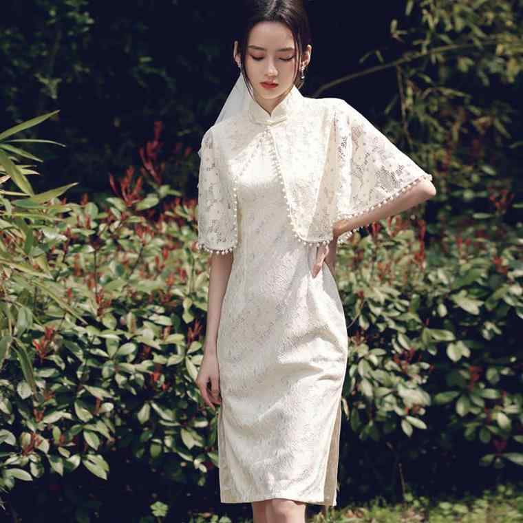 ケープ レディース おしゃれ 白 レース ショート丈 スタンドカラー 春秋 透け パールビジュー クラシック チャイナ風