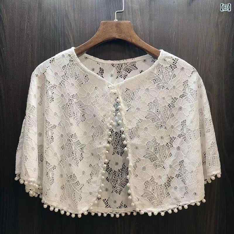 ケープ レディース おしゃれ 白 レース ショート丈 スタンドカラー 春秋 透け パールビジュー クラシック チャイナ風