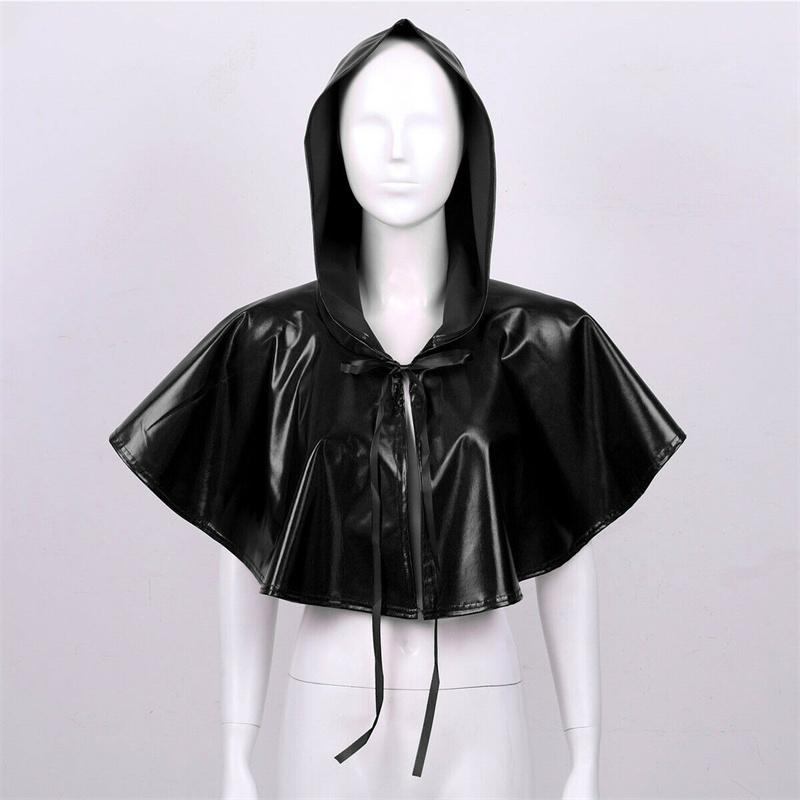 ケープ メンズ レディース おしゃれ 黒 光沢 フード ショート丈 リボン ハロウィン コスプレ 仮装 パーティー 役柄ショール