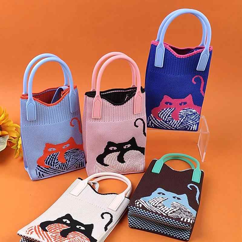 レディース バッグ 手提げ ショルダー 斜めがけ ポシェット 携帯電話 小銭入れ コスメ ニット 通気性 小さめ かわいい 猫 ウサギ ドラゴン ベージュ ピンク 青