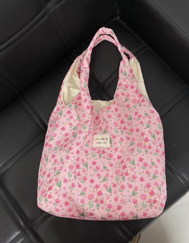 トートバッグ レディース かわいい 春夏 チューリップ 花柄 大容量 通勤 プリント ポリエステル キャンバス 韓国 柔らかい ファスナー ピンク おでかけ 普段使い シンプル ナチュラル レトロ