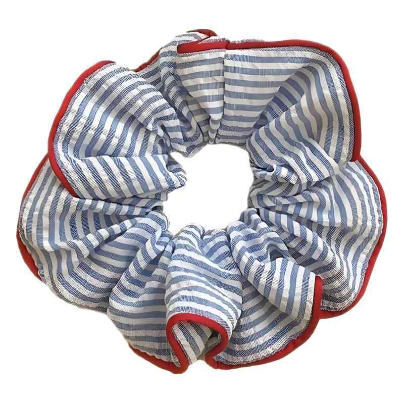 ヘアゴム レディース ブルー ホワイト ストライプ バイカラー 大きめ ポニーテール シュシュ かわいい 甘め 丸髪 ヘアアクセサリー