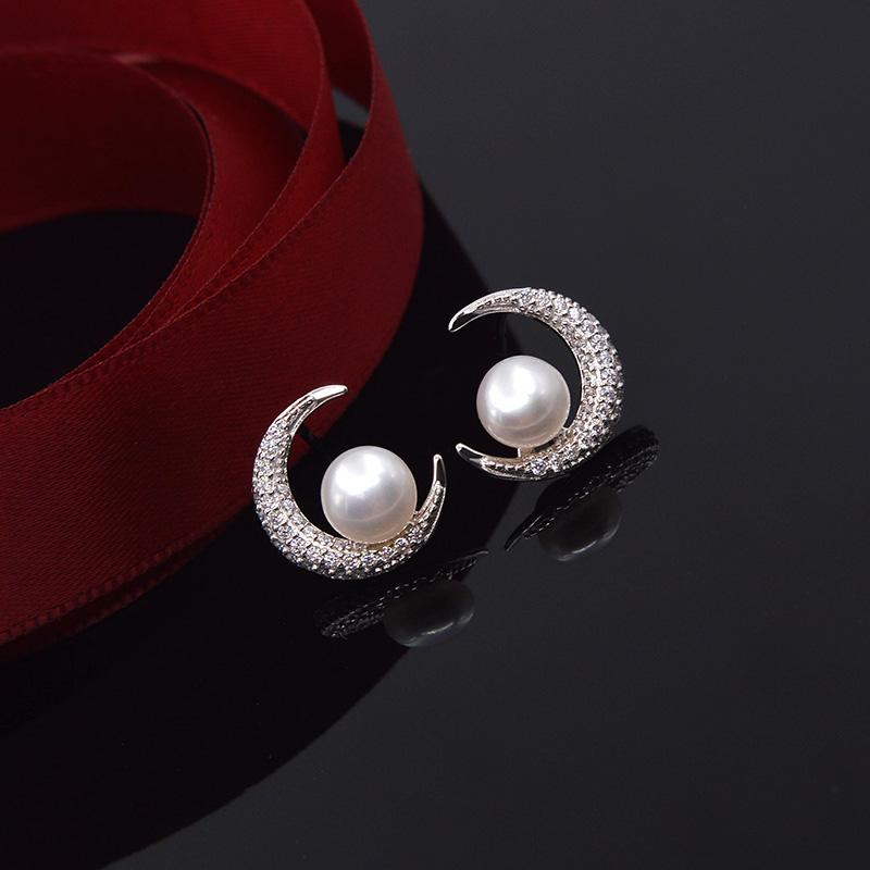 ピアス レディース S925シルバー 月モチーフ 淡水パール ジルコニア 小ぶり 華奢 エレガント 上品 カジ..