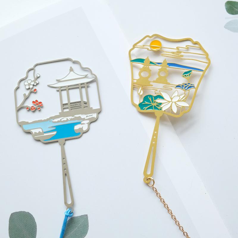 ブックマーク 学生用 銅製 金属製 中国風 中華風 レトロ レトロ アンティーク 雪の結晶 雪と月 団扇型 おしゃれ かわいい ミニ コンパクト しおり ギフト 読書 文房具