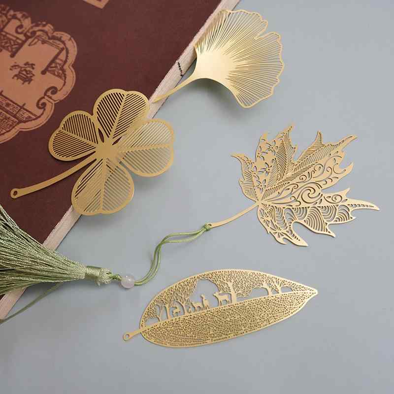 しおり ブックマーク 銅製 イチョウ リーフモチーフ タッセル オリエンタル おしゃれ 文房具 読書 学生 ギフト プレゼント ゴールド グリーン イエロー