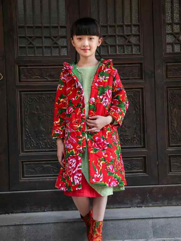 コート 親子お揃い レディース キッズ 民族風 レトロ 大柄 花柄 綿 中綿コート 冬 防寒 暖かい 厚手 ハイネック フード レッド グリーン