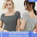 スクエアネック 半袖 レディース 夏 おしゃれ カットソー 綿 ストライプ スリム シンプル カジュアル 白 黒