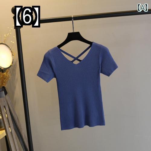 バックオープン トップス 半袖 Tシャツ レディース 夏 おしゃれ カットソー 涼しい Uネック バッククロス タイト スリム セクシー ショート丈 白 黄色 黒