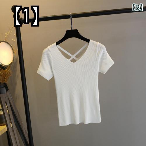バックオープン トップス 半袖 Tシャツ レディース 夏 おしゃれ カットソー 涼しい Uネック バッククロス タイト スリム セクシー ショート丈 白 黄色 黒