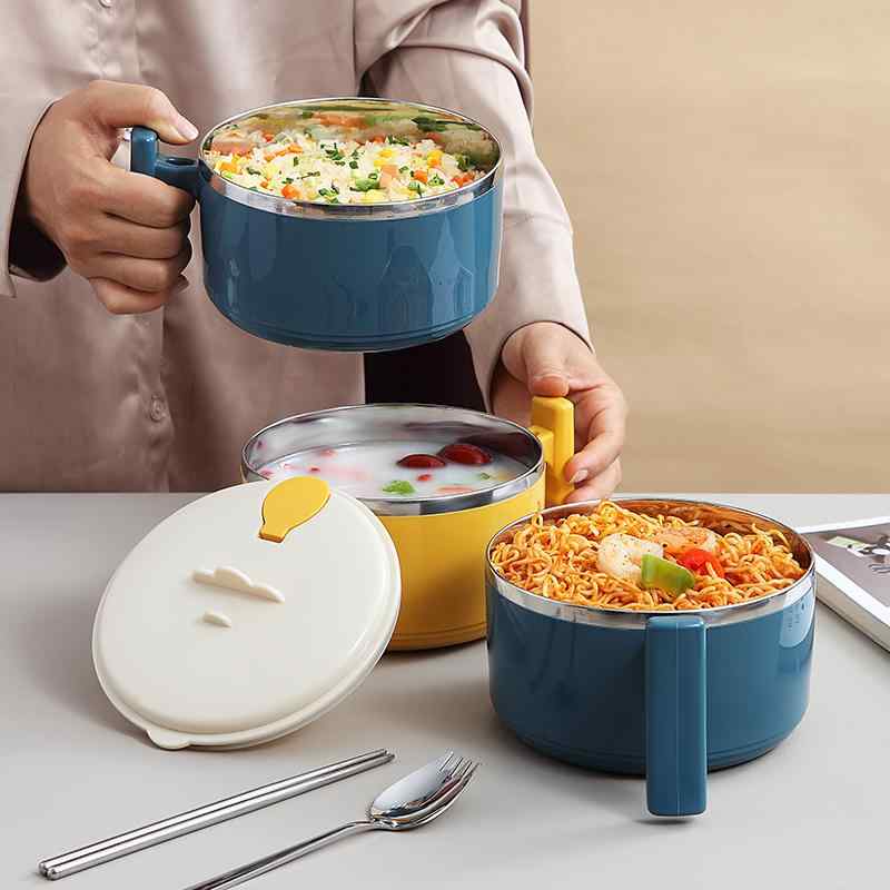 どんぶり 学生用 ステンレス製 ラーメン ご飯 食事 ボウル 蓋 湯切り 大容量 かわいい 北欧風 箸 スプーン セット