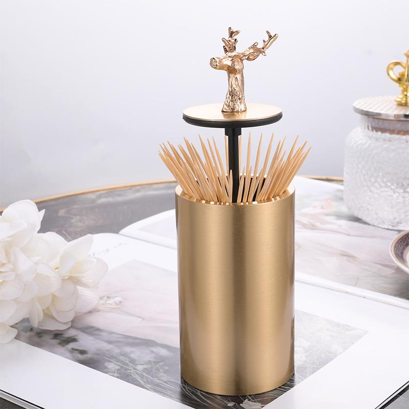 爪楊枝入れ 真鍮 鹿モチーフ 北欧風 プッシュ式 自動排出 卓上ケース リビング ダイニング キッチン 食卓 雑貨 エレガント おしゃれ インテリア