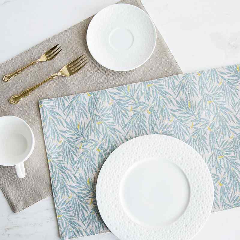 ランチョンマット 綿麻 ブルー リーフ柄 布製 食卓用 ダイニング用 来客用 普段使い 洗える カントリー..
