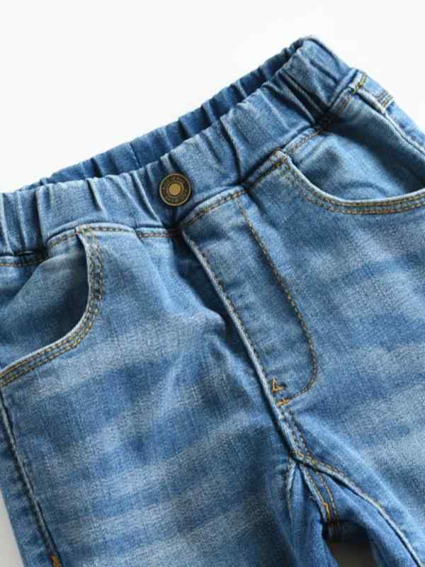 キッズ デニムパンツ 男の子 女の子 ボーイズ ガールズ ストレッチ 立体切り替え ダメージ加工 長ズボン 春秋 カジュアル 男女兼用 ブルー コットン混