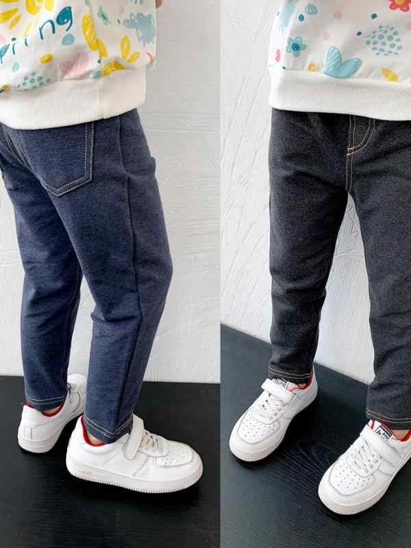 パンツ キッズ 男の子 女の子 デニム風 裏毛 ニット ロング丈 無地 やわらか 快適 ストレッチ ウエスト..