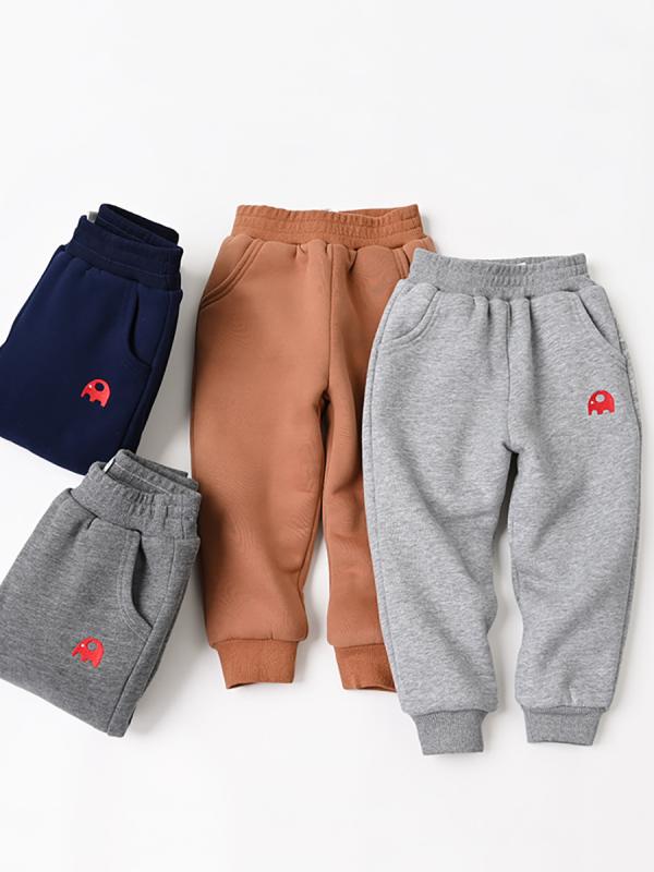 キッズ パンツ 男の子 女の子 男女兼用 冬用 中綿 厚手 暖かい 防寒 裾ゴム ロングパンツ カジュアルスタイル 綿 コットン ポリエステル 象柄 ニット 紺 グレー キャメル(4.0)