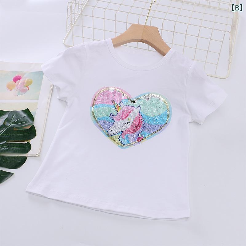 Tシャツ キッズ ガールズ 半袖 スパンコール リバーシブル柄 ラウンドネック コットン 綿 トップス カジュアル 普段使い お出かけ かわいい おしゃれ キャラクター