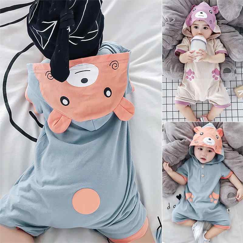 ・カテゴリ: ロンパース・スタイル: カジュアル・素材: 綿・対象性別: 男女兼用・対象年齢: 3ヶ月.6ヶ月.12ヶ月.新生児.18ヶ月.2歳・開閉タイプ: プルオーバー・フード: あり（取り外し不可）・袖丈: 半袖・カラー展開: ピンク（クマ柄）.オレンジ（クマ柄）・参考身長: 66cm.73cm.80cm.90cm.100cm