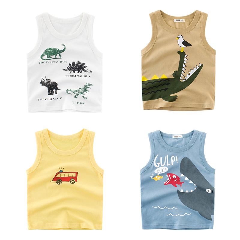 Tシャツ 男の子 キッズ ノースリーブ かわいい キャラクター柄 綿 薄手 クルーネック 韓国風 夏物 ベビー服 カーキ ホワイト イエロー ブルー